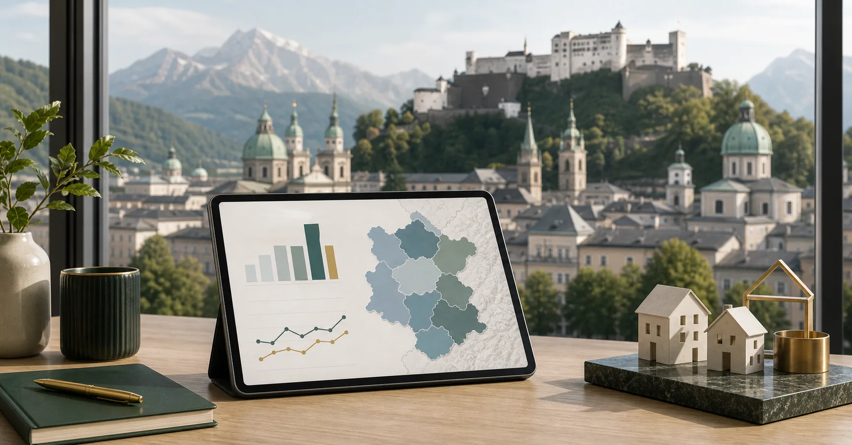 Salzburger Immobilienanalyse mit Stadt- und Alpenblick, Bezirkskarte und Preisdiagrammen