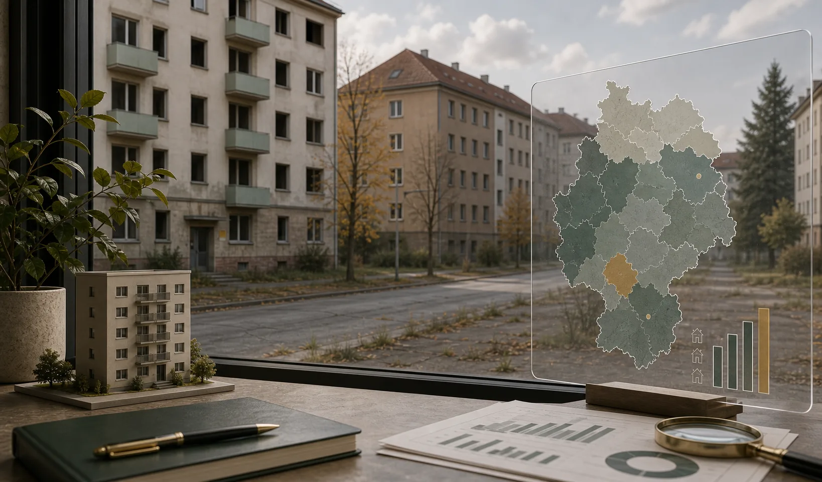 Wohnungsleerstand in ostdeutschen Regionen mit leeren Wohngebäuden und regionaler Analysekarte