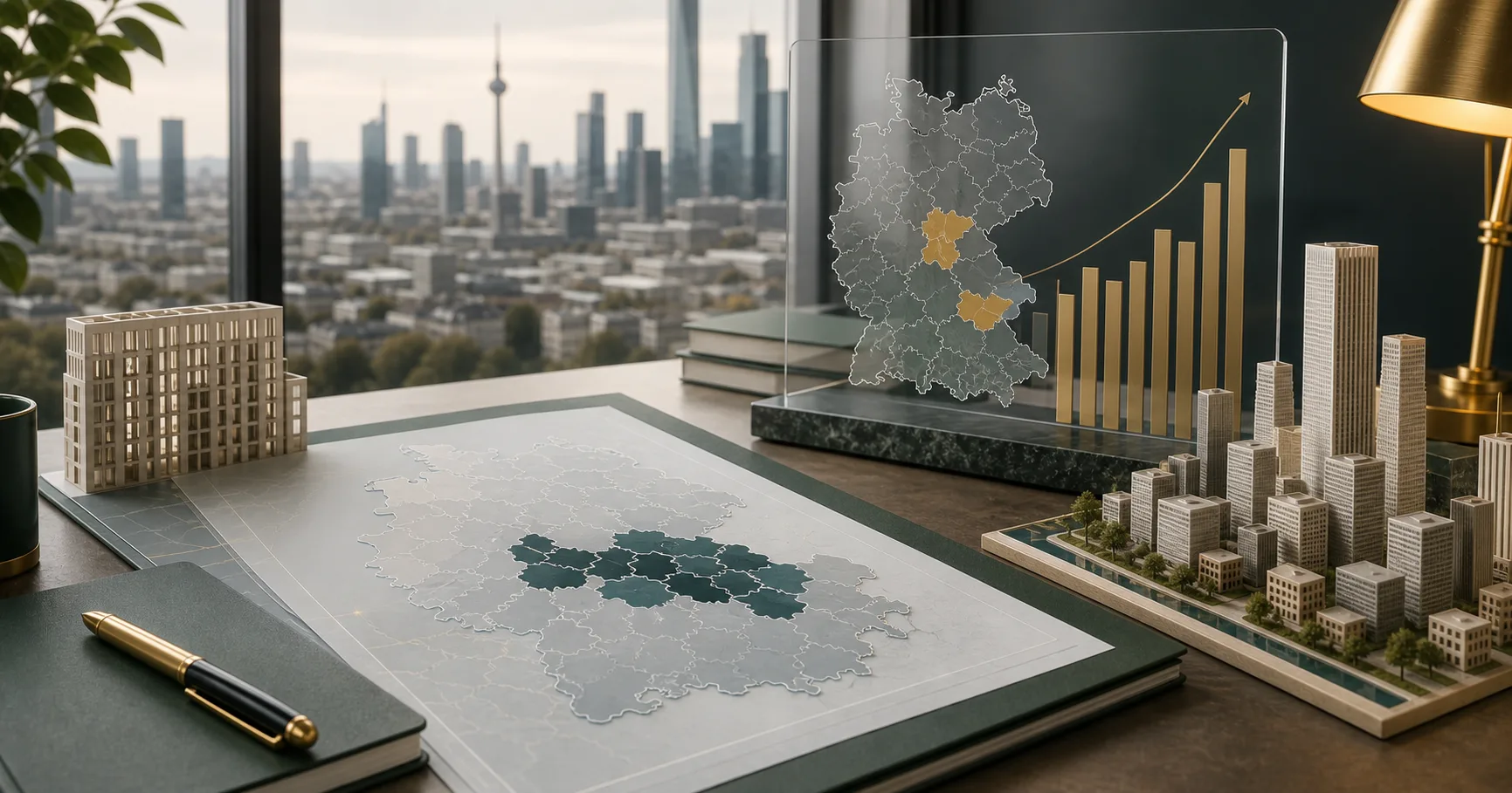 Teure deutsche Immobilienmärkte mit Stadtsilhouetten, Kreiskarte und steigenden Preisbalken