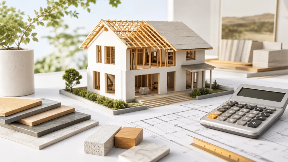 Hausmodell im Bau, Plaene und Rechner fuer Baukosten
