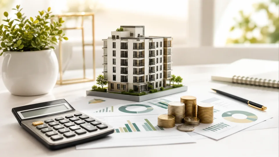 Mehrfamilienhaus, Finanzdiagramme und Rechner fuer die Mietrendite