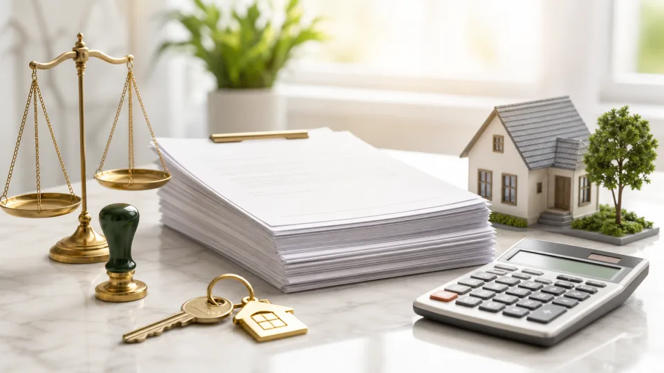 Immobilienunterlagen, Waage und Rechner fuer Mietrecht